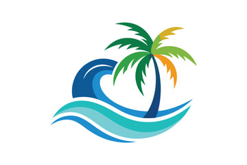 Colorful palm tree stands near wave with blue and turquoise water on a clear day