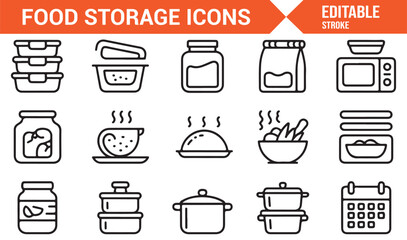 Editable vector food storage symbol set of pots, dishes, and jars
