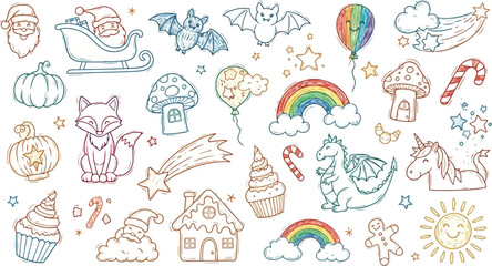 Vector art of fantasy and holiday doodles including santa, dragons, unicorns, and pumpkins