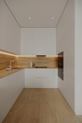 Contemporary kitchen featuring white cabinetry and warm wood accents for a cozy, modern feel.