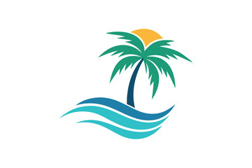 Fototapeta premium Sunlight illuminates a tropical palm tree rising above gentle blue ocean waves on island