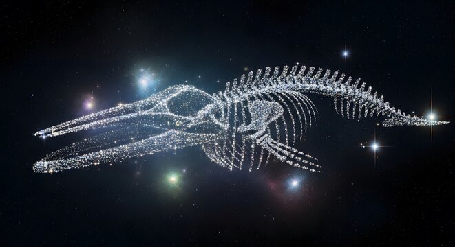 Imagine a stunning mosasaur skeleton shimmering in the cosmos, a celestial fossil adrift in deep space, sparkling with ancient mystery and cosmic wonder