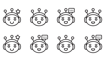 Obraz premium Outline icons of cute robot heads displaying emotions like happiness, shock, and communication for digital design