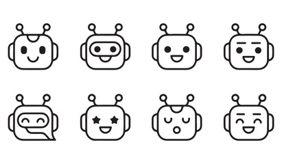 Obraz premium Vector illustration of AI robot face emojis with antennas in various moods for futuristic chatbot design