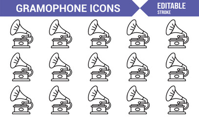 Gramophone vector icon pack showing antique phonographs in minimal line art