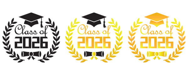 Class of 2026 Graduation Emblem Set - Wreath, Cap, and Diploma Logo Vector in Black and Gold

