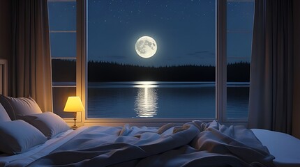 Bedroom interior in the night with moonlight reflection over calm lake