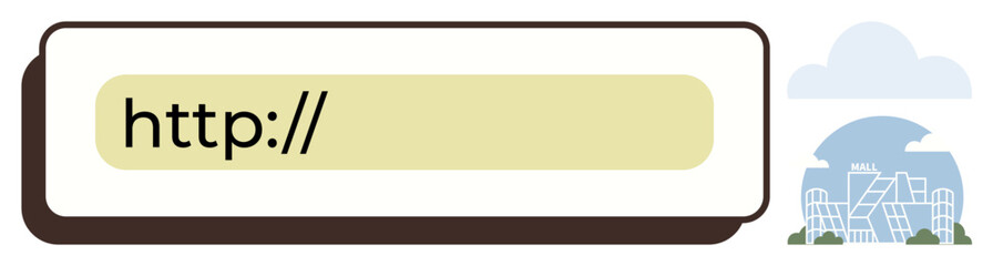 Web address bar with http text beside a city skyline with buildings and a cloudy sky. Ideal for technology, internet, communication, browsing, urban planning, connectivity, simple flat metaphor