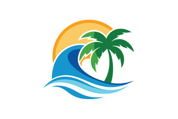 Palm tree and blue wave overlap with orange sun forming a tropical scene