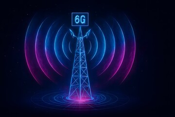 Futuristic 6G Network Tower Illustration with Neon Glow and Data Waves