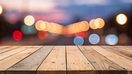 Wooden Table with City Lights Bokeh Background at Dusk tabletop wood planks