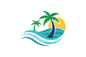 with two palm trees, ocean waves, and bright yellow sun is depicted