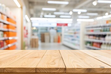 Wooden Tabletop in Blurred Supermarket Aisle Background wood surface empty