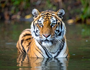 Tiger in water, facing forward