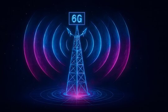 Futuristic 6G Network Tower Illustration with Neon Glow and Data Waves