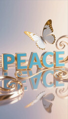 An illustration of a butterfly flying over golden ribbons and the inscription Peace as a symbol calling for kindness, joy and peace on the whole planet. Vector graphics. EPS.