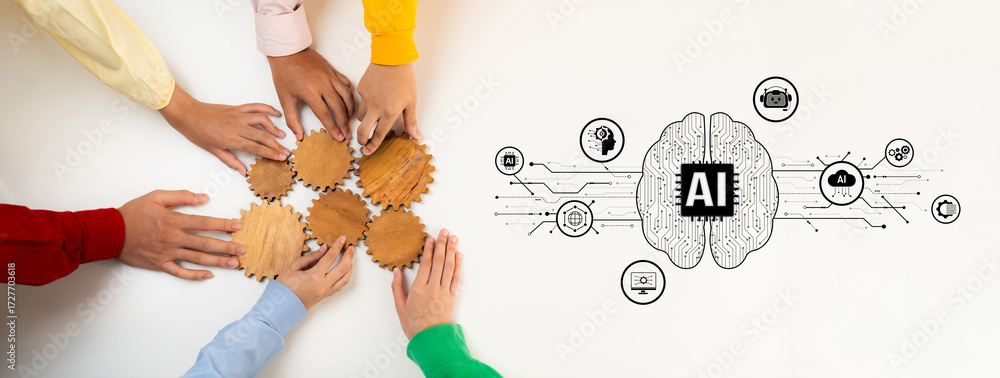 Poster this image showcases diverse hands working together with a visual representation of an ai brain, sym