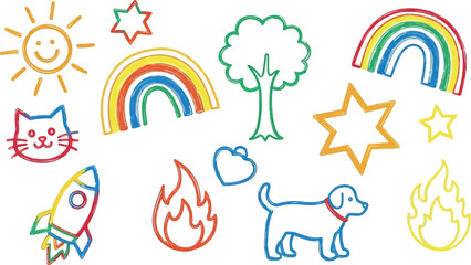 Vector art of collection of colorful crayon drawings of various objects