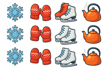 Winter essentials: snowflakes, mittens, ice skates, and teapots for cozy days