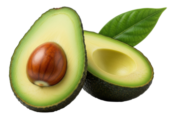 Two freshly sliced Hass avocado halves, one with seed, one without, with vibrant green flesh and a leaf, isolated on transparent. Ultra close-up macro shot, dramatic lighting, natural perfection