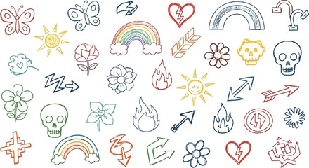 Vector art of collection of handdrawn doodle icons including butterflies, rainbows, flowers, sun, and skulls