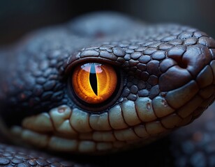 Fototapeta premium Macro photo of vibrant orange snake eye with black slit pupil. Detailed reptile scales surround this wild animal. Focus on reptilian head texture.