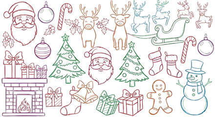 Vector art of christmas themed doodle collection with santa, reindeer, gifts, and trees