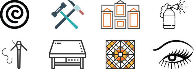 Collection of various creative work and tools icons, illustration flat vector design