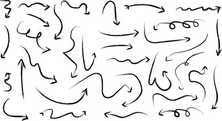 Set of creative hand drawn sketch arrows collection, curved doodle arrows for design