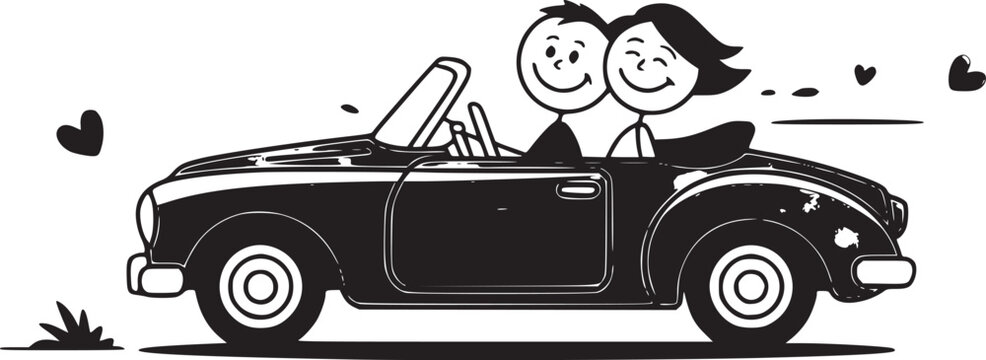 Romantic Road Trip: A joyful couple cruises in a classic convertible, their hearts soaring with love and excitement, a symbol of shared adventures and the open road ahead.