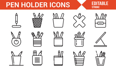 Collection of black line pen stand icons for writing tool storage