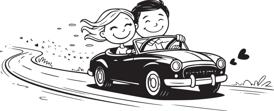 Romantic Road Trip: An animated couple embarks on a joyous road trip in a classic car, symbolizing love, adventure, and the open road.