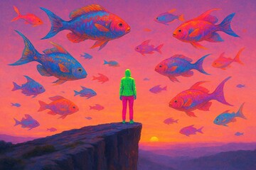 A surreal landscape featuring a person in a vibrant neon suit (orange-blue) standing on a cliff's edge, surrounded by colorful tropical fish floating in the air as if underwater. The 