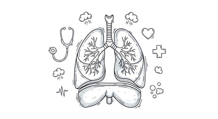 Anatomical Illustration of Human Lungs with Medical Symbols.
