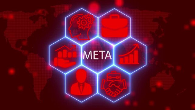 "Business META Growth and Innovation Icons on Digital Hexagonal Interface"