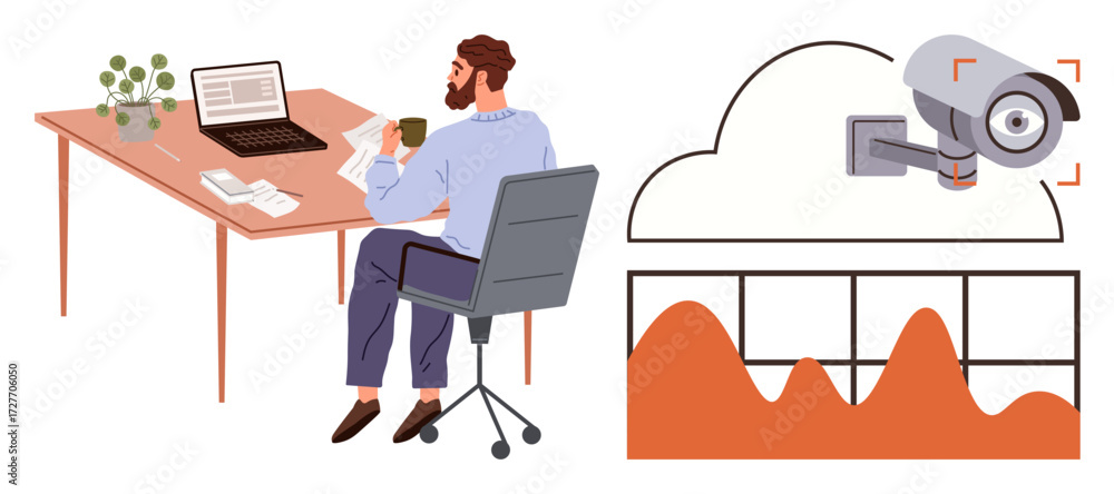 Poster man working at desk with laptop and coffee next to cloud-connected security camera and analytics gra