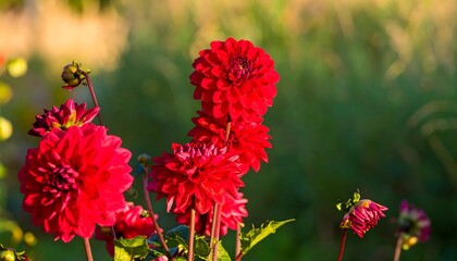 Deep red dahlias bloom in soft sunlight, showcasing their intricate layered petals