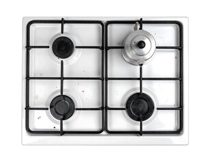 Top view of a dirty gas stove with a small coffee pot