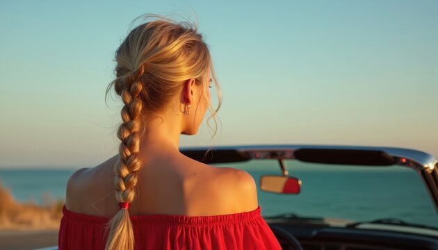 Blonde girl in red dress enjoys sunset ocean drive in convertible car. Breeze blows hair. Calm sea, clear sky, warm sunlight creates peaceful mood.