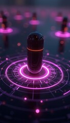 Futuristic capsule stands on glowing digital circle. Neon purple energy pulses around dark object in cyberspace grid. Advanced tech concept with illuminated circuits.