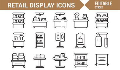 Vector icon pack of shopping racks, counters, banners, and product displays
