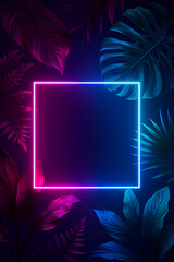 Neon Tropical Frame with Gradient Glow and Exotic Leaves on Dark Background