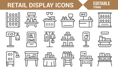 Editable line stroke icons of shop product shelving and signage graphics