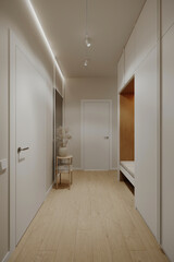 Bright and spacious hallway with minimalist design and neutral tones, highlighting modern interiors.