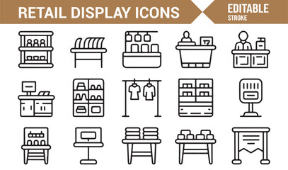 Retail shelves, counters, and signage icon pack in minimal line style