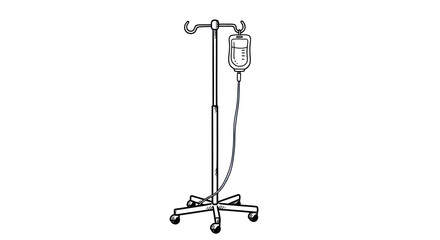 Medical IV Drip Stand with Fluid Bag Line Art Illustration.