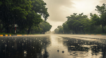 Tropical rainy season scene, heavy rain falling on lush green trees and wet streets, reflections in puddles, cloudy sky, warm and humid atmosphere, cinematic lighting, ultra-realistic, 8K