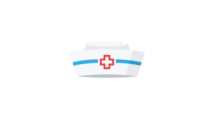 White Nurse Cap with Red and Blue Stripes and Cross Emblem.