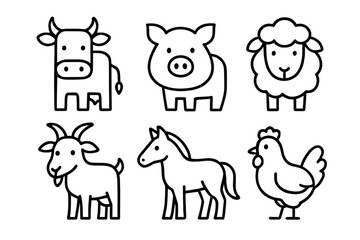 Obraz premium Cartoon farm animals: cow, pig, sheep, goat, horse, chicken outline drawing