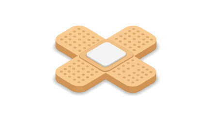 A beige adhesive bandage in a cross shape with a white absorbent pad.